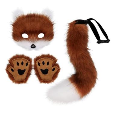Imagem de Fiocias Conjunto de Máscara E Cauda Therian Acessórios para Fantasia de Halloween para Dramatização de Festival, marrom branco