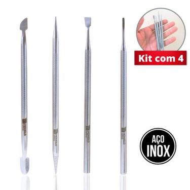 Imagem de Kit Espátula + Palito + Desencravador + Raspador Manicure Aço Inox Pro