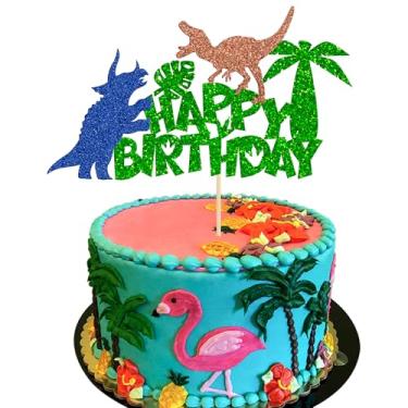 Imagem de Gyufise 1 pacote de enfeite de bolo de dinossauro de feliz aniversário verde glitter dinossauro decoração para decoração de festa de aniversário com tema de dinossauros jurássicos da selva de dinossauros