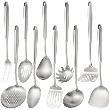 Imagem de Conjunto de utensílios de cozinha de aço inoxidável, 10 peças, espremedor de batatas, colher sólida, garfo, espátula, escumadeira, espátula, espátula, espátula, espátula, espátula, espátula, espátula,