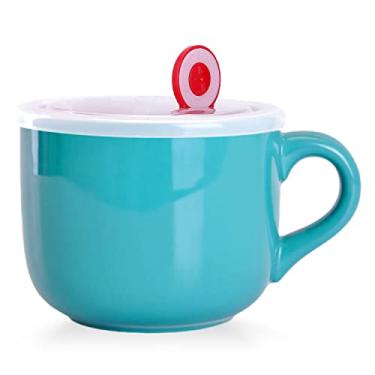Imagem de WHJY Canecas de sopa de cerâmica simples com tampa, copos de sopa de 650 ml com alça, tigela de aveia para micro-ondas caneca de café com tampa e alça para leite, chá, frutas, sorvete de cereal café - verde claro