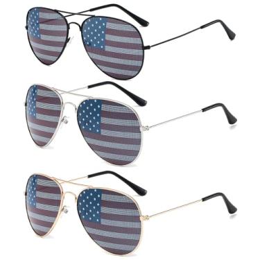 Imagem de SOHUPAC Óculos de sol aviador com bandeira dos EUA, 3 peças, para 4 de julho, Dia da Independência, Patriótico para homens e mulheres, Preto, prata, ouro, 3 PCS