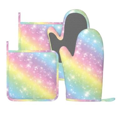 Imagem de Lindas luvas de forno e suportes de panela com céu de unicórnio pastel, colorido e brilhante, conjunto de 4 pegadores de panela de silicone resistentes ao calor, luvas antiderrapantes, decoração de