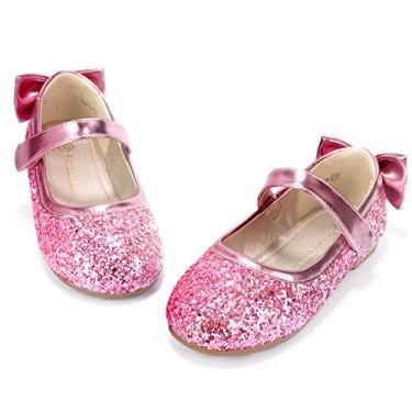 Imagem de PANDANINJIA Vestido Angela Mary Jane para bebês/crianças pequenas bailarinas com laço florista festa de casamento bailarina sapatos rasos, Lantejoula rosa, 9 Toddler