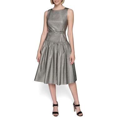 Imagem de KARL LAGERFELD Camiseta feminina jacquard sem mangas gola redonda justa e flare, Prata, 40