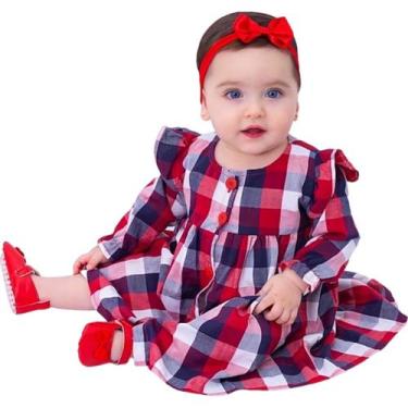Imagem de Vestido de Bebê Menina Manga Longa Xadrez Vermelho com Tiara 100% Algo