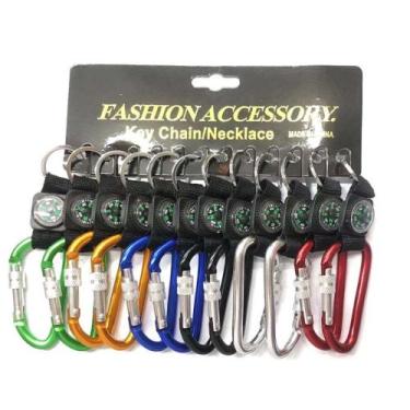 Imagem de Kit 12 Chaveiro Mosquetão com Bússola Metal Trava de Roscar para Campi