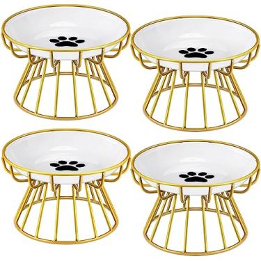 Imagem de Roshtia 4 conjuntos de tigelas elevadas de cerâmica para gatos com suporte de metal para lava-louças, pratos antiderrapantes para alimentos elevados (dourado, pata)