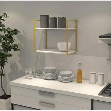 Imagem de Prateleira Industrial Parede ou Suspensa Dourada Aço e Madeira 50x40x60cm (Laca Branca)