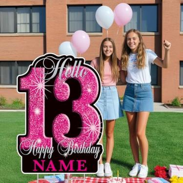 Imagem de Utsth Placas Grandes de 35" para Aniversário de 13 Anos, Nome Personalizado, Placa de Gramado com Glitter, À Prova D'Água, Placa de Parabéns com Estacas para Decoração Externa de Festa de 13 Anos Feli