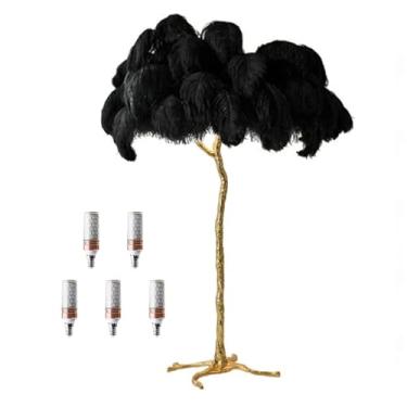 Imagem de Luminária de pé romântica moderna de penas para quarto, sala de estar, luminária de chão de penas de avestruz natural, corpo de lâmpada dourada, regulável com interruptor de pé