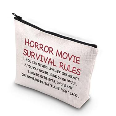 Imagem de Presente para amantes de filmes de terror engraçados, regras de sobrevivência, tema de filme assustador, bolsa de maquiagem com zíper, Bege, Regra de sobrevivência do filme de terror