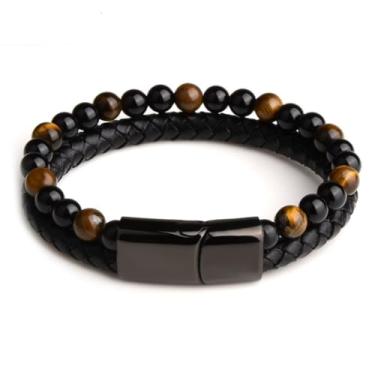Imagem de Pulseira Masculina "Elegant Man" 2 em 1 Couro e Pedras Naturais Olho de Tigre e Ônix Preto – Fecho Magnético em Aço Inoxidável 316L – Estilo Clássico e Moderno – Acompanha Bolsa de Veludo