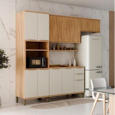 Imagem de Cozinha Modulada Compacta 270cm 4 Peças 10 Portas com Tampo 100% MDF Noruega Espresso Móveis Amêndoa/Off White