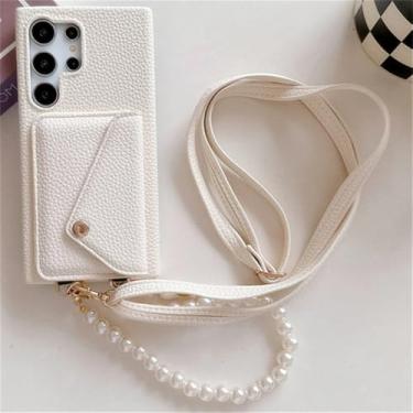 Imagem de Bolsa de couro para cartão para Samsung S23 S24 Plus Ultra S23FE Zflip 4 5 A35 A55 capa à prova de choque pulseira de pérola cordão, branco, para S24 Plus