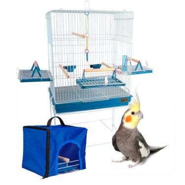 Imagem de Gaiola Viveiro Pássaro Confort Triplex + Bolsa Transporte Jelplast (Branco/Azul)