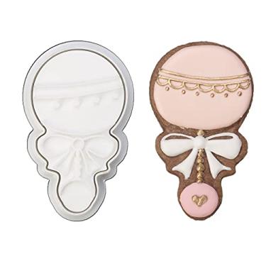 Imagem de Mostop Cortador de biscoito 3D com carimbos de chocalho de bebê, molde de bolo para chá de bebê, ferramentas de decoração "faça você mesmo" para artesanato de açúcar, molde de assar, ferramentas de cozinha para festa de aniversário de crianças