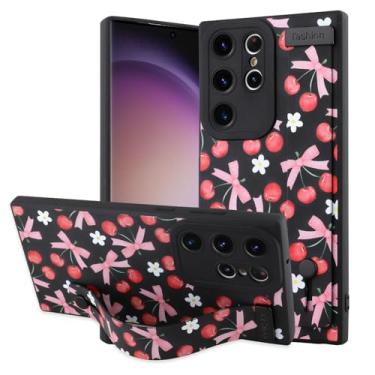 Imagem de OOK Capa para celular com laço para Samsung Galaxy S23 Ultra Silicone com alça para mulheres e meninas, lindo padrão de cereja com laço preto, pulseira macia e fina, com suporte, proteção à prova de