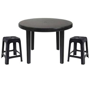 Imagem de Mesa Redonda Desmontável de Plástico 94cm Preta + 2 Banquetas Empilháv