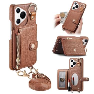 Imagem de Capa de telefone carteira transversal removível durável para Huawei Pura 70, bolsa com zíper, suporte de anel, espelho integrado, compartimento para cartão, suporte de vários ângulos em elegante capa