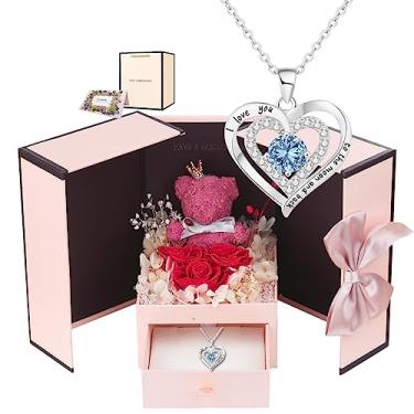 Imagem de Anish Caixa de presente de rosa real preservada com colar de coração branco para mãe, namorada, esposa no Natal, aniversário, dia das mães, aniversário, dia das mães, dia dos namorados, ideias para