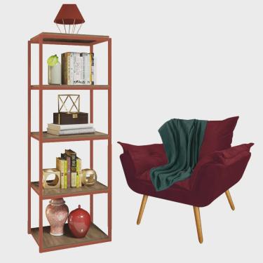 Imagem de Kit Poltrona Fatte com Manta Soft Verde e Estante Livreiro Ferro Bronze mdf Rústico Sue...