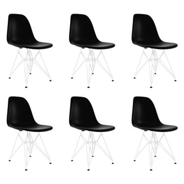 Imagem de Kit 6 Cadeiras Jantar Assento Preto Eiffel Eames Base Ferro Branco