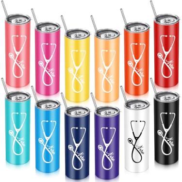 Imagem de Harloon 12 peças 623.7 g presentes de agradecimento de enfermeira copos de aço inoxidável caneca de café de enfermeira a granel com tampa e canudos copos de viagem de dia de enfermeira para enfermeira
