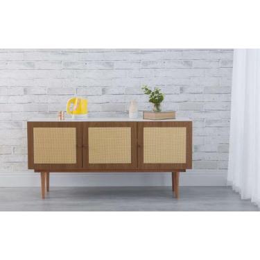 Imagem de Balcão Buffet Pés Palito Madeira 3 Portas Mdf E Palhinha Estilo Retrô 