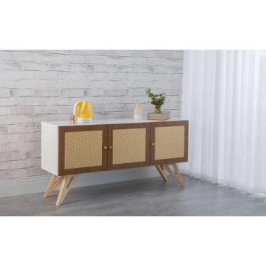 Imagem de Balcão Buffet Para Sala De Jantar Mdf Branco Pés Taeda 3 Portas Freijó