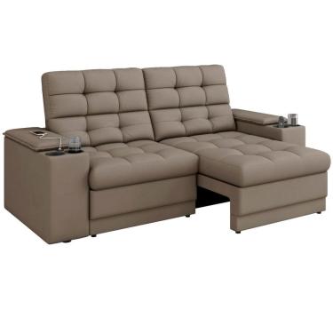 Imagem de Sofá Retrátil e Reclinável Kansas 3 lugares porta-copos entrada USB apoio do braço deslizante em tecido veludo Capuccino