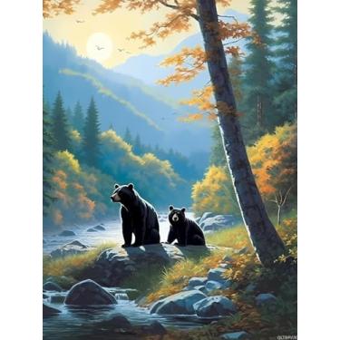 Imagem de QLTBPVJK Kits de pintura de diamantes 5D para adultos, família de ursos negros, faça você mesmo, arte completa de diamante redondo perfeito para animais selvagens, presentes feitos à mão, decoração de