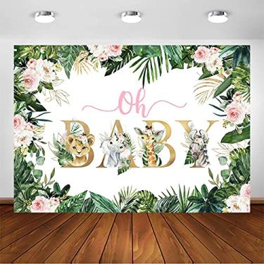 Imagem de Avezano Pano de fundo para chá de bebê safári para meninas Oh Baby Jungle Baby Shower Photography Background Tropical Zoo Animals Gold Green Greenery Leaves Baby Shower Party Photoshoot (3 x 2 m)