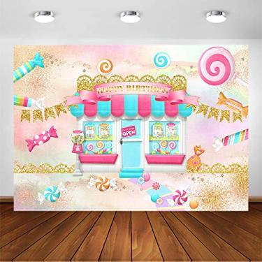Imagem de Avezano Sweet Shoppe Pano de fundo de doces para meninas, decoração de festa de aniversário, sessão de fotos, dourado, glíter, pirulito, doces, doces, feliz aniversário, mesa de sobremesa, banner