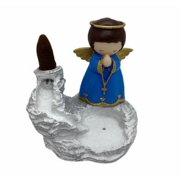 Imagem de Incensário cascata branca Anjo 12 cm resina azul - Lua Mística - 100% 