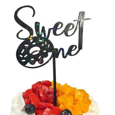 Imagem de Sweet One Cake Topper – First Birthday Donut Design, Thick with Sparkly Layer, Built-In Stick, Mess-Free, Reusable Cake Decoration for Girls or Boys (Black)
