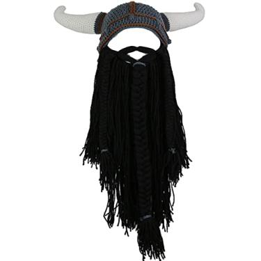 Imagem de YEKEYI Gorro Viking Big Horn, gorro de barba, chapéu de malha viking, boné de esqui engraçado, chapéu de Halloween, chapéu de Natal, Preto, 7 1/8