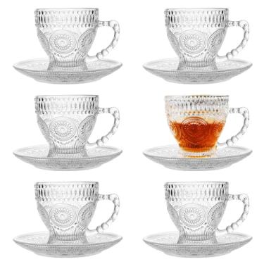 Imagem de Conjunto de 6 xícaras de chá e pires de vidro - Canecas de café vintage - Conjunto de xícaras de chá para café expresso Cappuccino Latte Tea - Seguro para lava-louças e micro-ondas (210 ml)