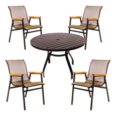 Imagem de Conjunto de Móveis Área Externa, 4 Cadeiras Piscina Tela Sling e Mesa Ripada Redonda Alumínio Nossa Kasa (Capuccino)