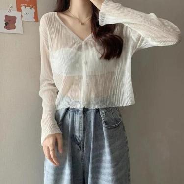 Imagem de Cardigan Feminino Cropped - Decote V, Transparente e Casual para Verão