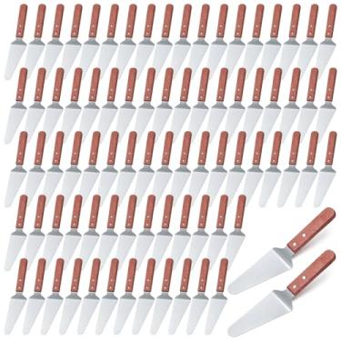 Imagem de Lasnten Pacote com 80 unidades de madeira para servir torta de pizza de aço inoxidável, espátula triangular antiderrapante, fácil de segurar, espátula de torta, cortador de utensílios de servir