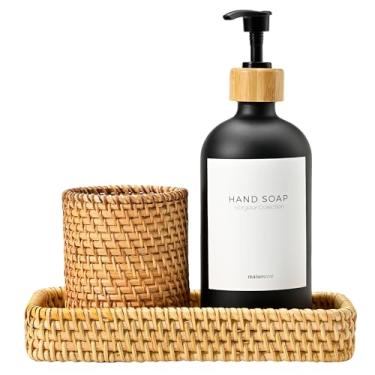 Imagem de MaisoNovo Conjunto de banheiro de vime - Dispensador de bancada preto, suporte de escova de dentes e copo de pasta de dente com bandeja - Conjunto de 3 - Bandejas retangulares de banheiro de vime para