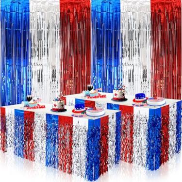 Imagem de Mindsoft Decorações de 4 de julho, pacote com 2 cortinas de franja de folha vermelha, prata e azul, 2 pacotes de saias de mesa com franjas metálicas onduladas e metálicas para decoração de pano de