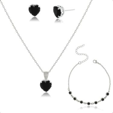 Imagem de Kit Semijoia Banhado Prata 925 com Pulseira, Colar e Brinco Coração Preto