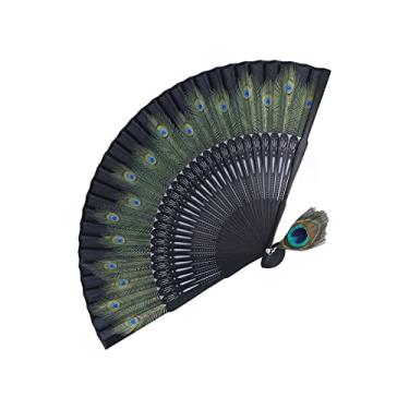 Imagem de Fã de Belas Pacock Pattern Fan Dobring Black Bones Antique Bamboo Hand Fan para Performance Roupos Decoração Presente Aplicável Cena: Eventos Étnicos
