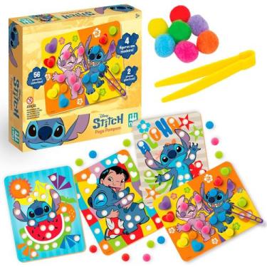 Imagem de Brinquedo Didático Pega Pom Pom Stitch Com 56 Pompons E 4 Placas Para 