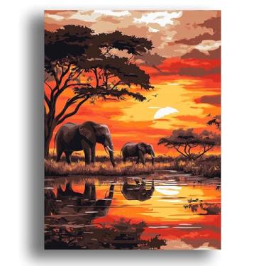 Imagem de Zariocy Kits de pintura por números para adultos – Conjunto de pintura a óleo DIY de elefante em tela acrílica – Kit de pintura de paisagem do pôr do sol por números para iniciantes e ideal para