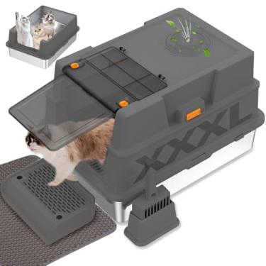 Imagem de GOYJOY Caixa de areia de aço inoxidável XXXL com tampa, caixa de areia de metal fechada XXXL para gatos grandes, vários gatos, com colher de areia e pedal de pé e tapete de areia, controle de odor