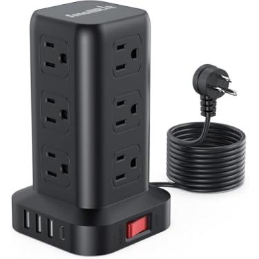 Imagem de Torre multiplicadora de tomada com proteção contra sobretensão e sobrecarga, cabo de extensão de 3 m com várias tomadas, 12 CA 4 USB (1 USB C), com entradas USB, para escritório e mesa