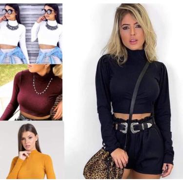 Imagem de Blusa cropped manga longa gola alta malha canelada - moda filo, G, Pre